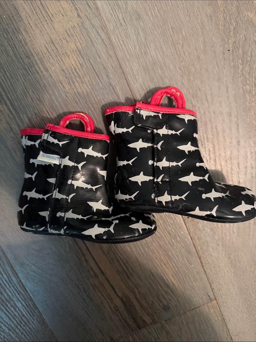 Robeez Black and White Shark Rain Boots with red Trim